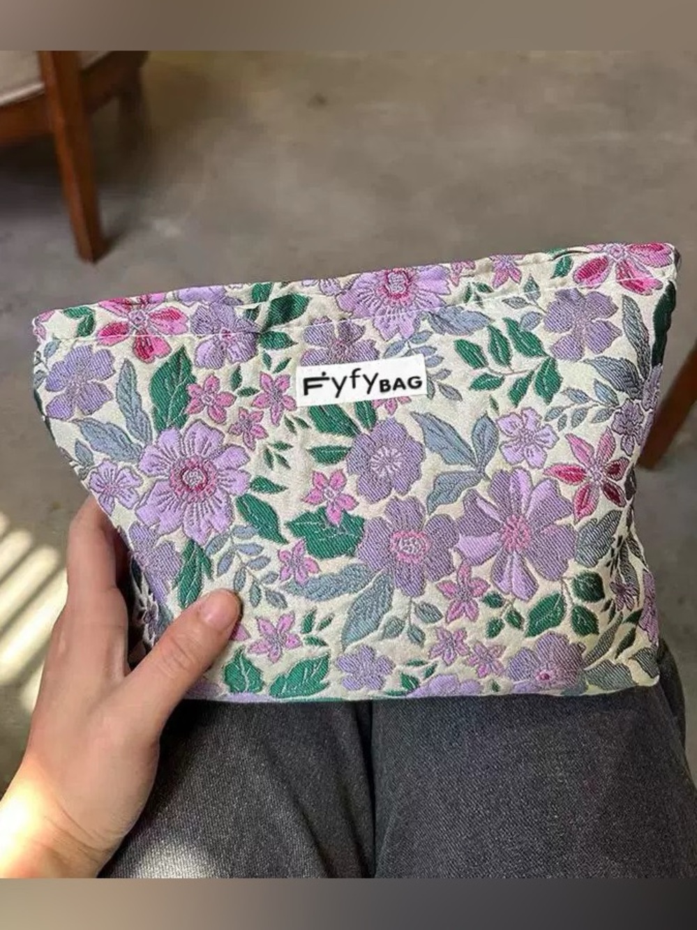 Floral Embroidered Cosmetic Pouch in Lavender & Green